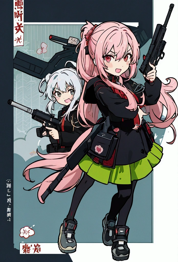 Four woman are holding a gun and pointing it at the camera, with pistol, anime shot, anime machine gun fire, with a gun, female action anime girl, gapmoe yandere, shooting pose, holding gun, holding a pistol, trigger anime artstyle, haruno sakura, holding a gun, dramatic wielding gun pose, brandishing a gun, vector style, chibi