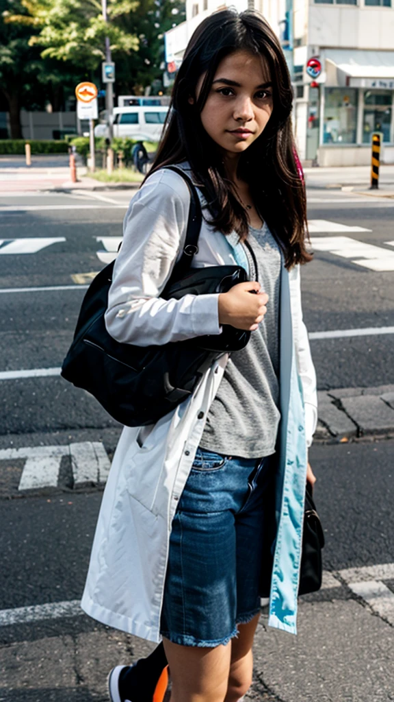 Young girl waiting for a bus on the road