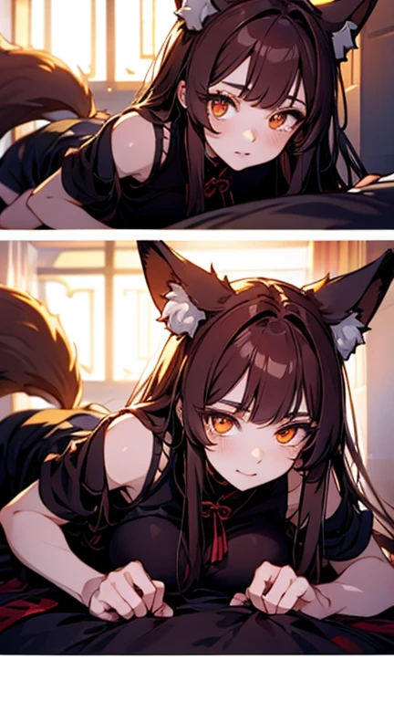 crossdressing,tsurime,orange eyes,fox_ears,Fox tail,red_hair,Low-tied long hair,hanfu,1boy, huge breast , golden eyes , detailed face , under breast , get down on all fours
