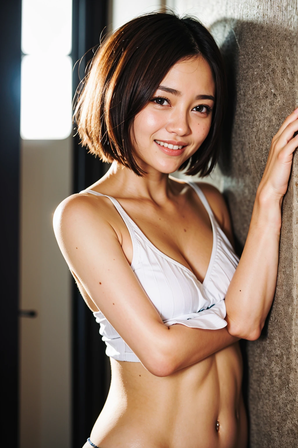 Top quality, 1 beautiful woman, super short Hair, shy-smile, Stretching