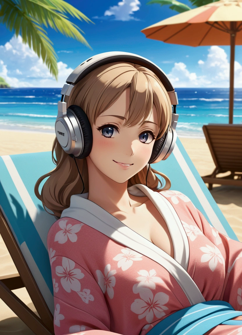128k Bluray Extreme UHD 4K high quality image of anime At a beautiful summer resort, a woman is reclining on a sunbed. She is wearing headphones and listening to music, dressed in a Beach robes cardigan. She looks at me with a radiant smile