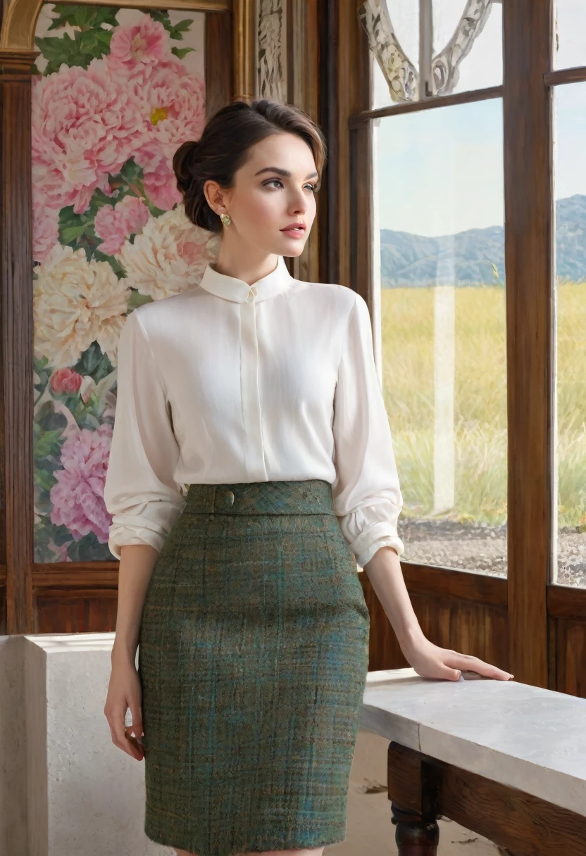 masterpiece, Photorealistic, her name is Elle, high quality, 1girl, ((30-year-old fit french woman)), ((30 years old)), ((fit)), ((pale skin)), loose updo messy bun dark hair, (((hair behind ear))), extremely detailed skin,insainly detailed tweed fabric texture, wearing white Satin Blouse+1940 High-Waisted Pencil Skirt tweed fabrice plaid pattern brown green color, pose: standing, background: The former railway station that is now a flower shop stunning architecture flower shop. You stand before french building exotic colorful flower arrangements peony, roses, boutique flower shop detailed spring flowers, captivated by the play of light and color. Sira Quiroga, The open space, filled with the sound of soft footsteps and whispers, along with the scent of polished wood and faint traces of paint, remember yesteryears, creates a serene and inspiring environment, Photorealism, Full-HD, 1080p, 16k, sharp, soft lighting. real sunlight, Realistic, Hyperrealistic, Hyper Real, digital, a beautiful sophisticated model, face towards left of camera lens,