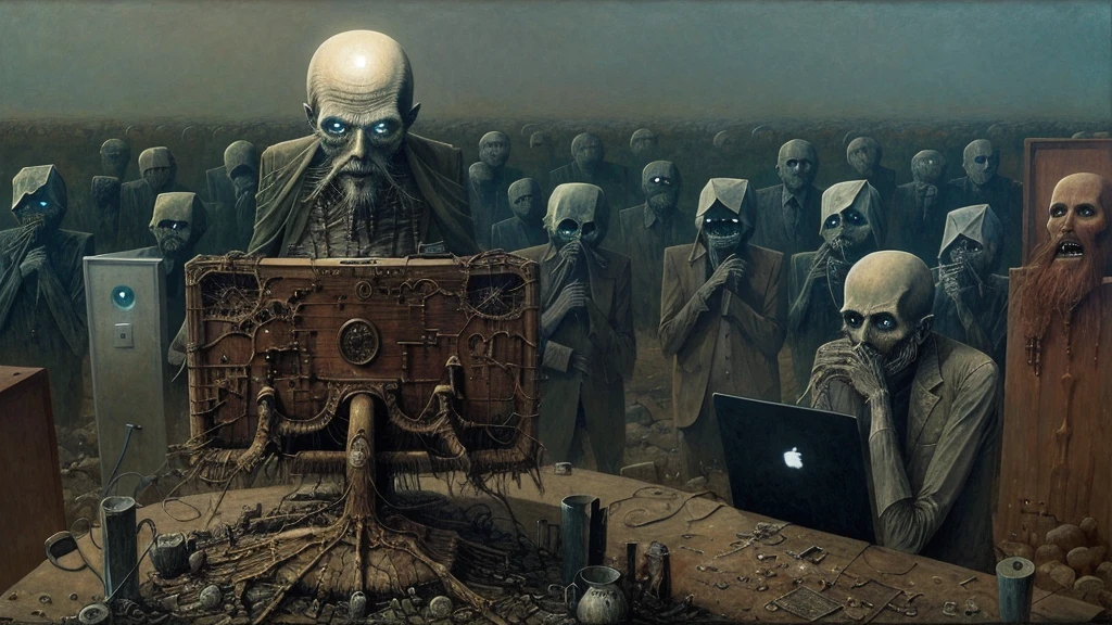 one beard man working on a computer, PC, internet, laptop, graveyard, nightmare, disturbing, creepy, gloomy, rotten, by zdzislaw beksinski