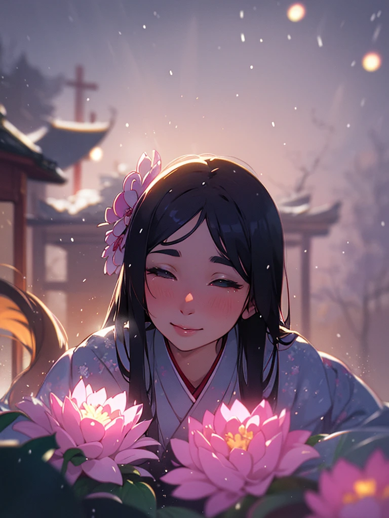 (Sumilux f1.4 50mm , low Latitude old color negative film , cross process , bokeh, flare, chromatic aberration , soft focus, (Shallow focus) , soft glow , Maximum aperture, High Key , Transparent depiction) , Japanese Heian period , Royal girl, fox ear , (round Maro eyebrows) , kimono, sitting , Peony flowers blooming , closeup face , Snow is falling , steamy breath