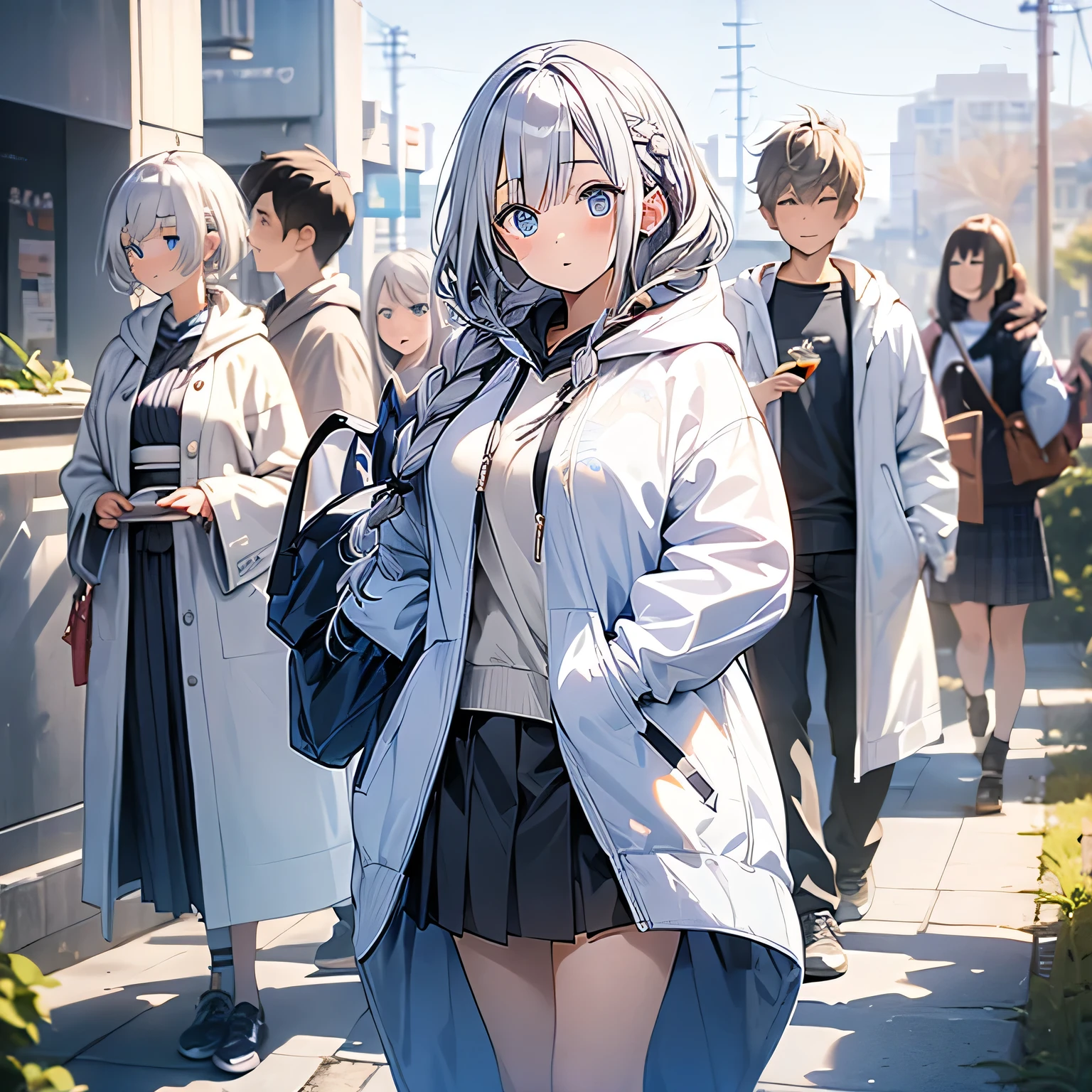 woman、Silver Hair、Short Hair、Braid、Blue Eyes、hair ornaments、Big Breasts、skirt、Wearing a hood、White hoodie、Gum、Put your hands in your pockets、smartphone