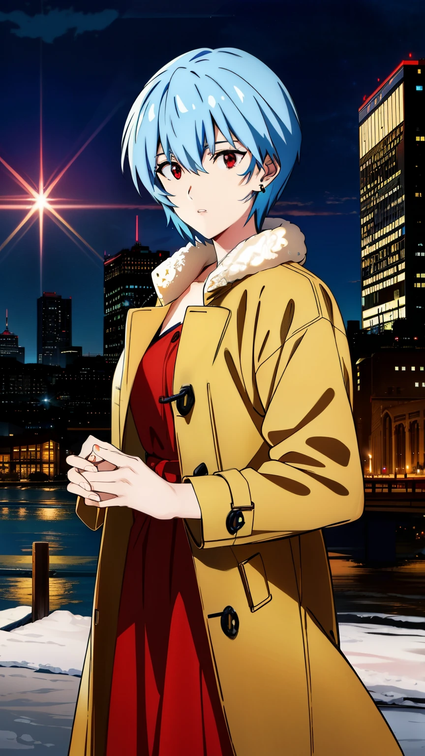 reiayanami, rei ayanami, (ayanami rei:1.2), blue hair, short hair, (red eyes:1.2), Medium breast,
BREAK (Overcoat, Skirt, Earrings, winter, city),
BREAK (masterpiece:1.2), best quality, high resolution, unity 8k wallpaper, (illustration:0.8), (beautiful detailed eyes:1.6), extremely detailed face, perfect lighting, extremely detailed CG, (perfect hands, perfect anatomy),cowboy Shot, looking at viewer,