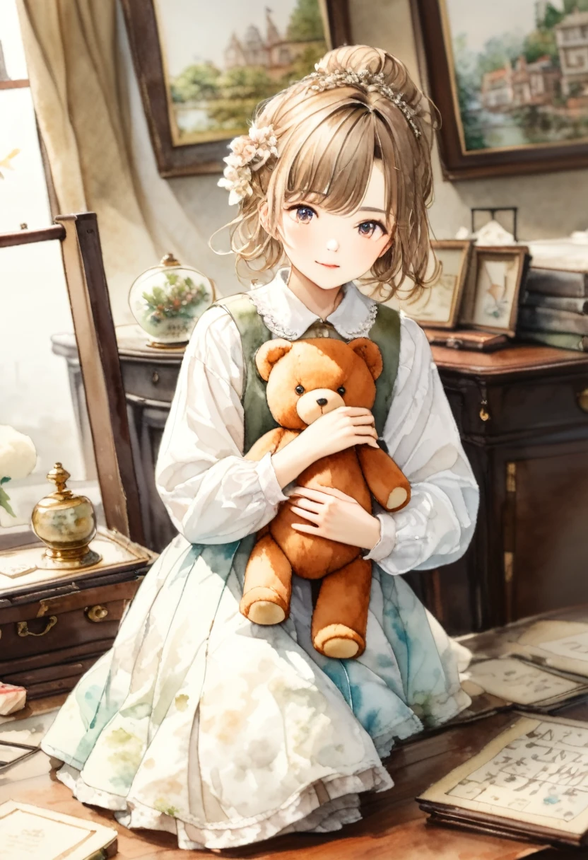 ((antique:1.5)),((hugging a teddy bear)),(Teddy bear),Beautiful and cute woman,1 Female,Solo,Sharp features,Sophisticated,((Watercolor:1.5)),whole body,Ultra-high resolution,((Attention to detail:1.5)),Highest quality,(vintage:1.4),(Cute pose:1.3),fairy tale,Alice,So adorable,model like,Fluffy atmosphere,(Accurate body),((antiqueな服)),(Handwriting),Fashionable hairstyle,