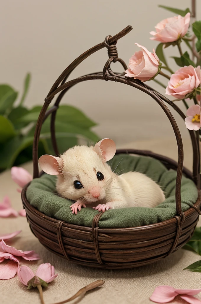 "Create an enchanting illustration of a mouse nestled in a cozy, miniature bed made of soft petals and leaves. Show the mouse, with its tiny paws neatly tucked under its chin, peacefully dreaming of extraordinary adventures that lie ahead. Use delicate colors and intricate details to bring this scene to life, evoking a sense of warmth, comfort, and the limitless possibilities of imagination."