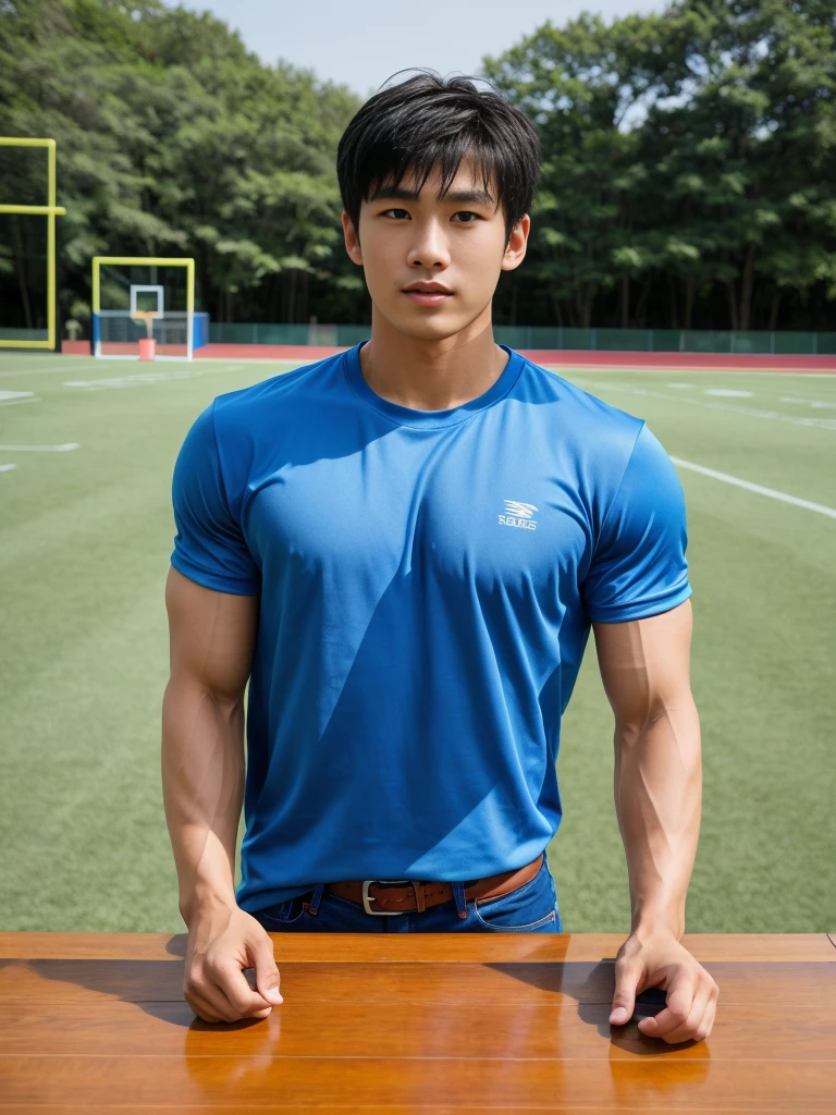  : 独奏: 1.5, (As a matter of fact, Masterpiece, 8k HD, good light quality, sportswear, fit the face, complicated details), A handsome, muscular young Korean man sits at a table, with muscular arms. , 20 years old, be happy, detailed face, delicate eyes, look at the sky, Wear a tight blue t-shirt.:1.6 , jeans period, black eyes, Black hair color, ผมsmooth, smooth，Surreal，Superb details，Highest quality，real，Open your mouth to talk. , Close your eyes., (standing in the football field:1.1)