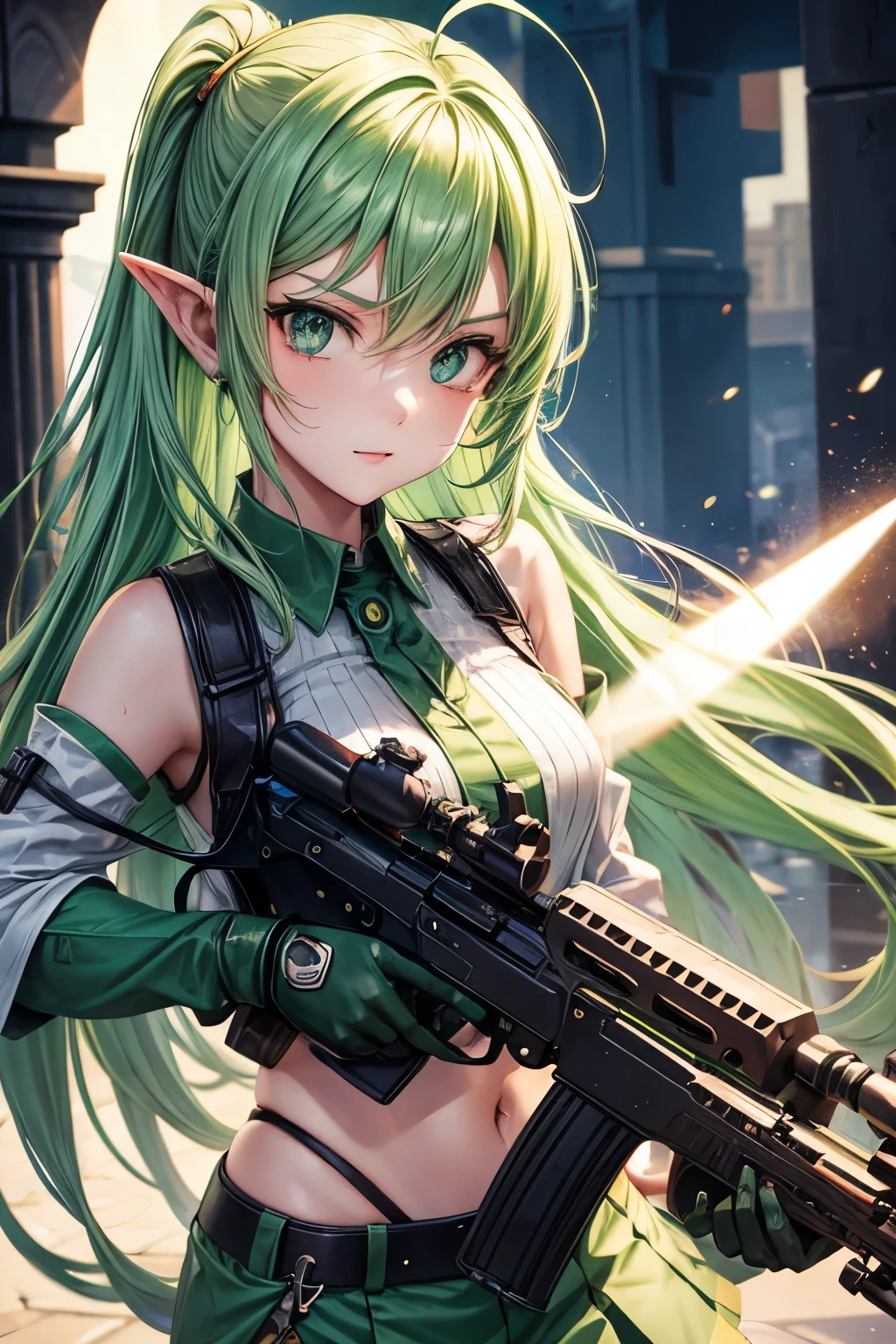 Green hair, girl, pointed ears, shooter, submachine gun