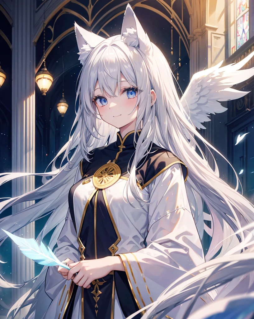 Very long hair、Silver Hair、Detailed sparkly eyes、Blue eyes、Three pairs of angel wings、Gold feather on head,smile、Embarrassing、Nervous smile、shine、reflected light、Film Grain、masterpiece、Textured Skin、Super Detail、High Detail、high quality、最high quality、High Resolution、16K、shine、Monastic Clothes、Nuns、church、Stained glass. ((neko ears)), ((silver fox tail))