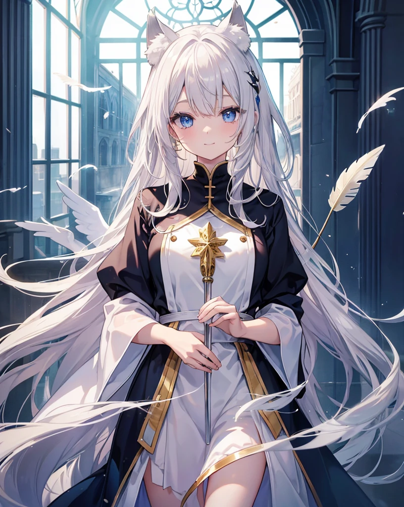 Very long hair、Silver Hair、Detailed sparkly eyes、Blue eyes、Three pairs of angel wings、Gold feather on head,smile、Embarrassing、Nervous smile、shine、reflected light、Film Grain、masterpiece、Textured Skin、Super Detail、High Detail、high quality、最high quality、High Resolution、16K、shine、Monastic Clothes、Nuns、church、Stained glass. ((neko ears)), ((silver fox tail))