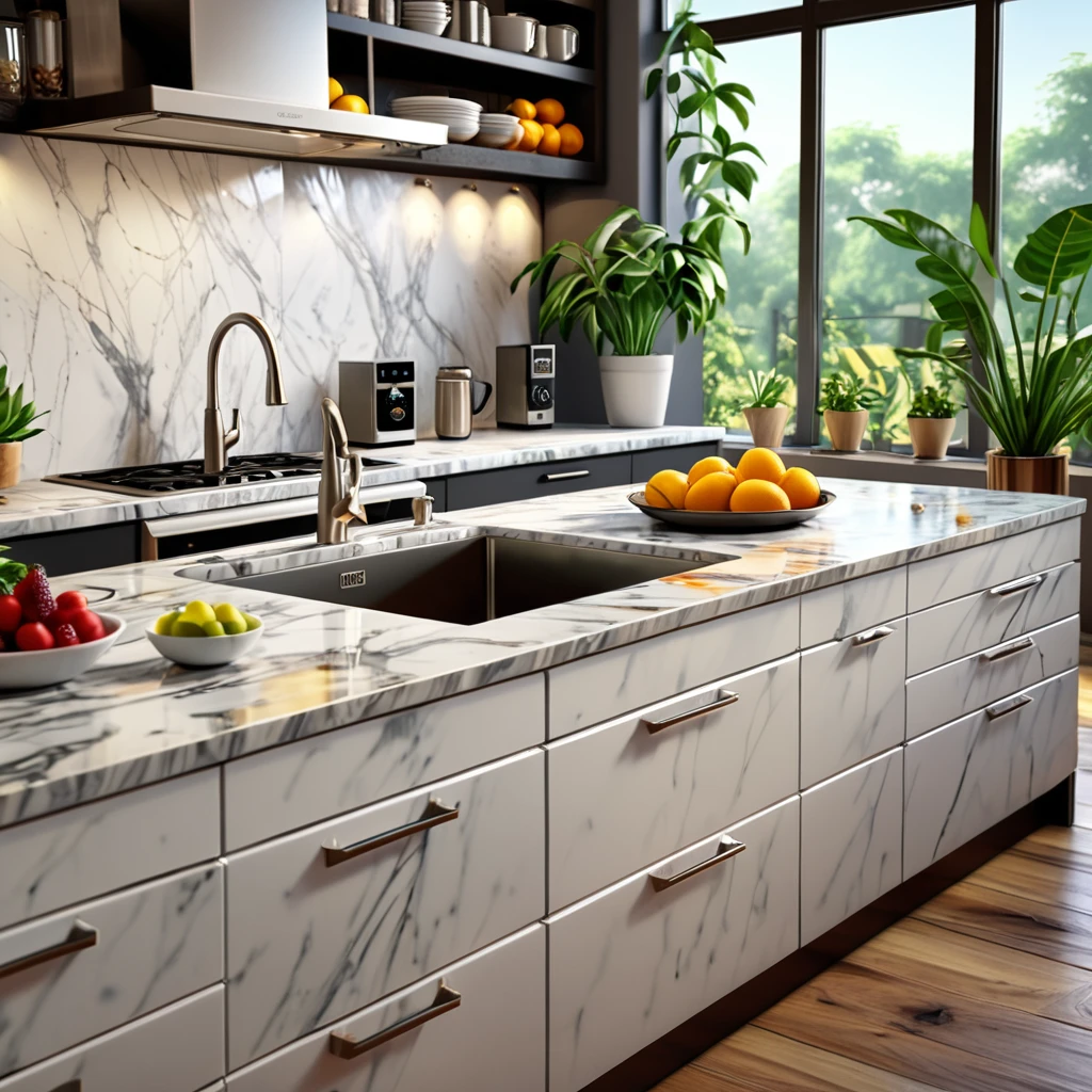 (Best Quality,4k,A high resolution,masterpiece:1.2),vivid colors,sharp focus,physically based rendering,ultra detailed,professional,clean lighting,modern kitchen appliances,marble countertops,stainless steel sink,Shiny Crystal Case,Freshly baked food on the counter, with a bowl with fruit and some species and plants decorating the countertop,A cup of steamed coffee,Texture detail on the wall,subtle shadows and lights,dynamic composition,domestic happiness.