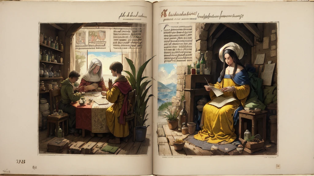 (best quality, high quality, masterpiece:1.2), medieval art, Byzantine, Insular art, forgotten_pages a Magic potion bottle, recipe, mushrooms, herbs,  text,  