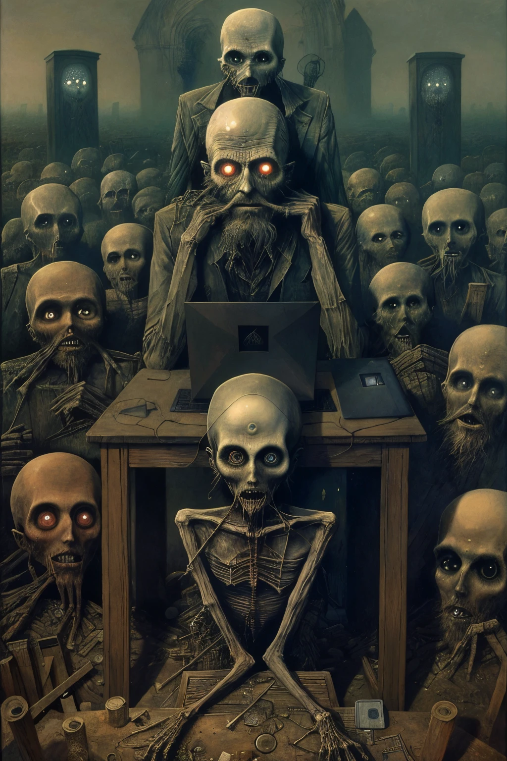 one beard man working on a computer, PC, internet, laptop, graveyard, nightmare, disturbing, creepy, gloomy, rotten, by zdzislaw beksinski