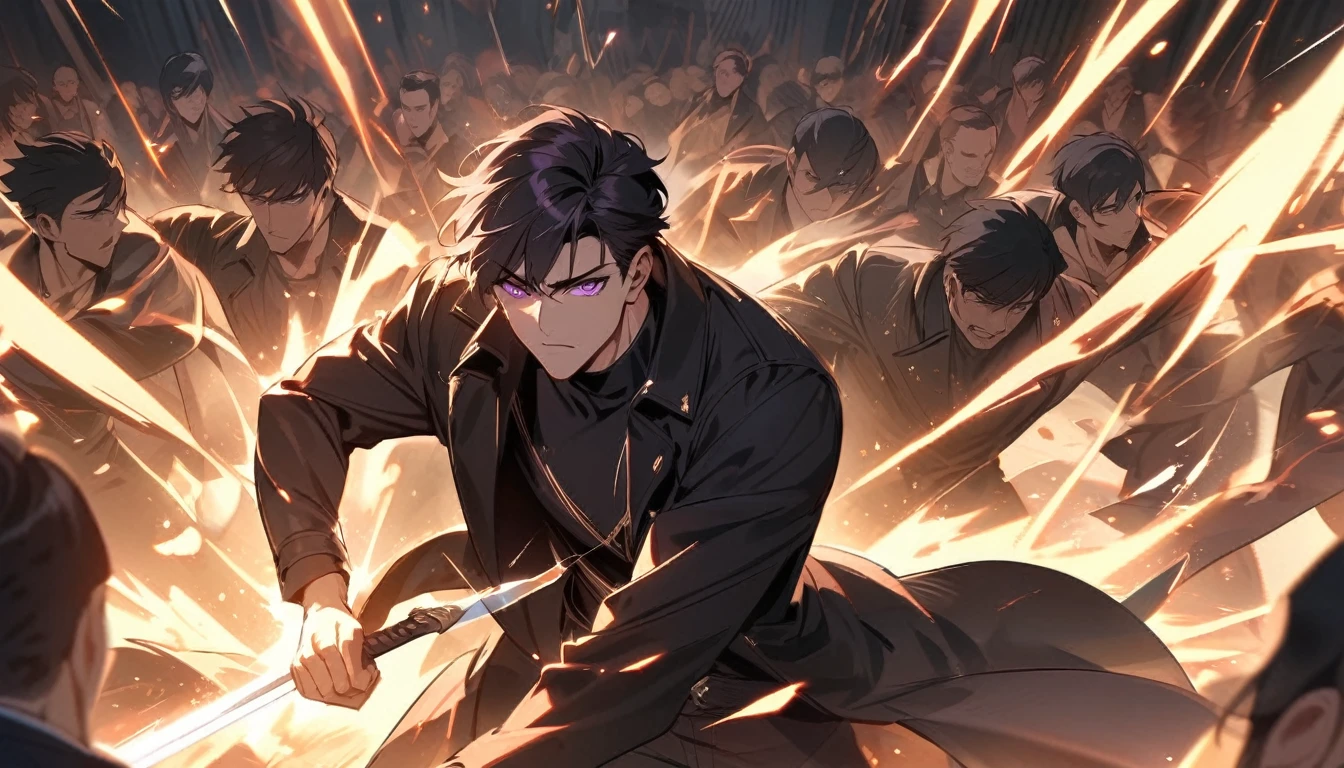 handsome, alone, 1 man, short hair, black hair, purple eyes, black shirt, black coat, Lots of power,Fighting with a sword, being surrounded, fighting
