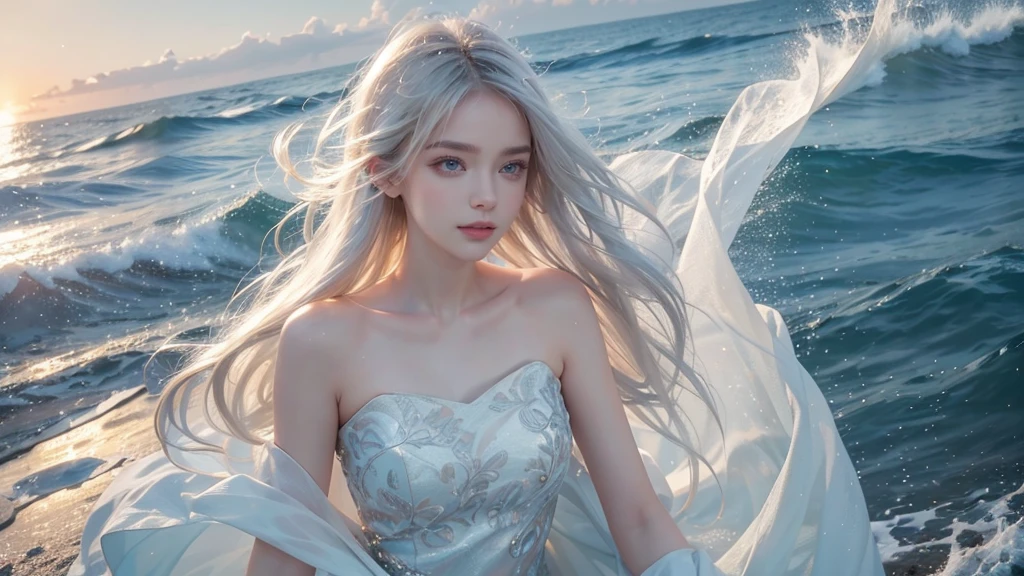 "最high quality, Like a photograph,high quality, 8k resolution",Beautiful 19 year old girl,Very elegant and futuristic fashion,The girl sways beautifully in the sea breeze、Should have elegant white hair,Sad look,Ocean view,evening
