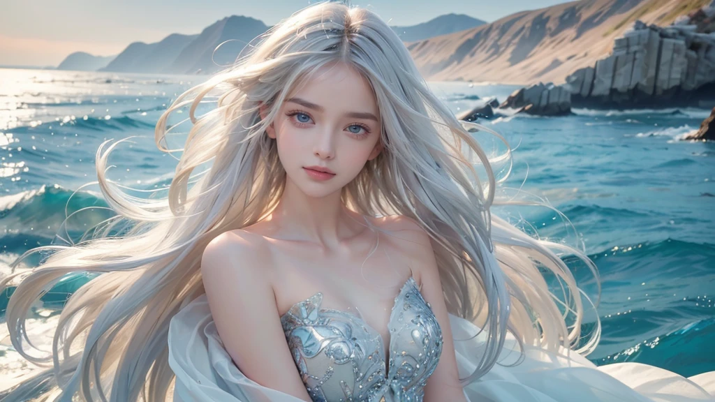 "最high quality, Like a photograph,high quality, 8k resolution",Beautiful 19 year old girl,Very elegant and futuristic fashion,The girl sways beautifully in the sea breeze、Should have elegant white hair,Sad look,Ocean view，evening
