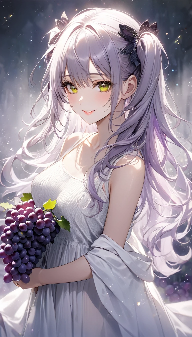 beautiful woman, silver two side up messy wavy fluffy long hair, gold eyes, make-up, wearing loose white dress made of thin knit fabric, seductive smile, amorous and lewd expression, great Proportions, glitter effects, foggy filter effects, 2.5D, delicate and dynamic, BREAK background black, fresh bunches of purple grapes, fresh bunches of green grapes