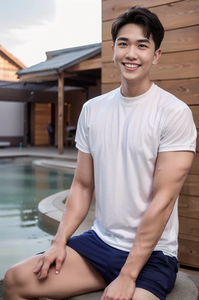 young man 20 years old , (ทรงผมแบบ Crew Cut: 1.3), black hair, short hair details, burly handsome man , white t-shirt ,White swimming trunks with large bulges, strong, handsome, outdoor, Take a steam shower., hot spring, Onsen, sweat, look at the audience., depth of field, Bokeh, Detailed background, Detailed light, diffuse natural sunlight, Skin glows naturally., symmetrical eyes, Big smile