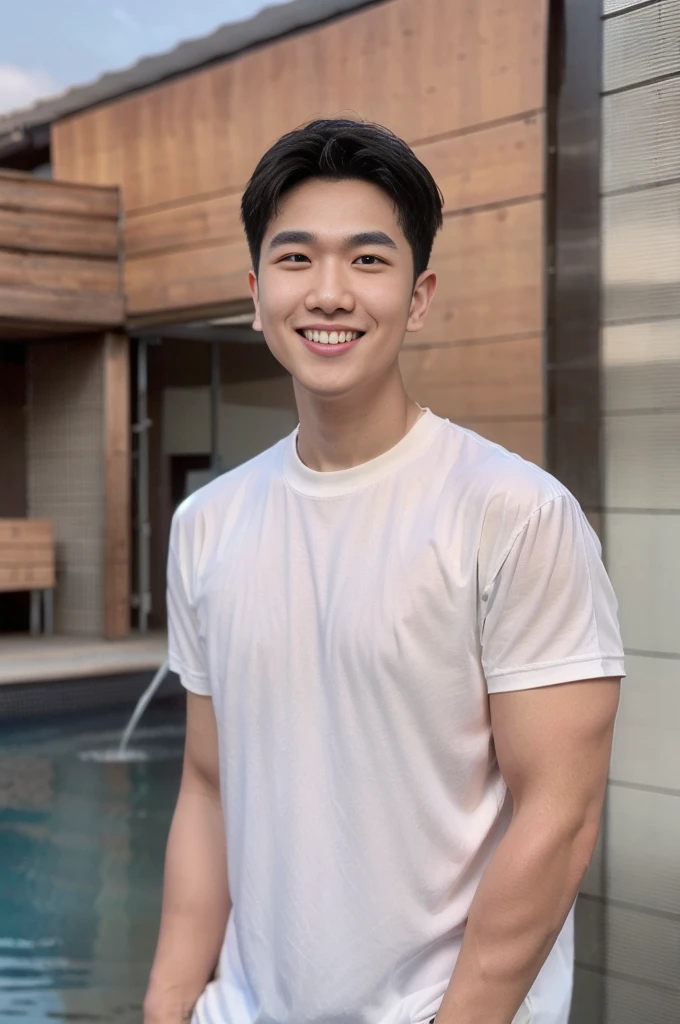 young man 20 years old , (ทรงผมแบบ Crew Cut: 1.3), black hair, short hair details, burly handsome man , white t-shirt ,White swimming trunks with large bulges, strong, handsome, outdoor, Take a steam shower., hot spring, Onsen, sweat, look at the audience., depth of field, Bokeh, Detailed background, Detailed light, diffuse natural sunlight, Skin glows naturally., symmetrical eyes, Big smile