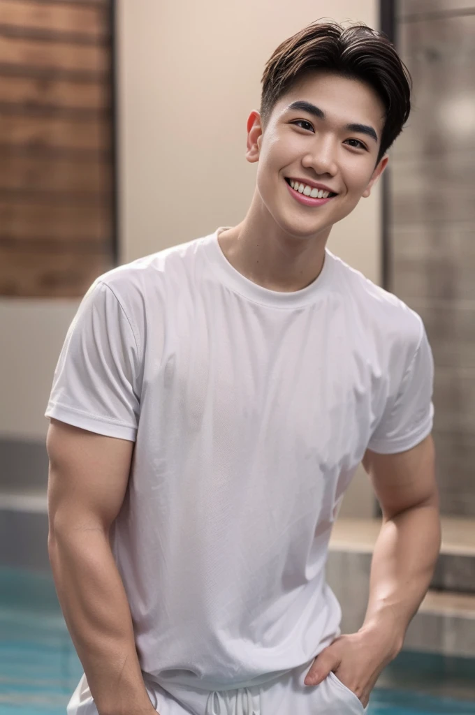 young man 20 years old , (ทรงผมแบบ Crew Cut: 1.3), black hair, short hair details, burly handsome man , white t-shirt ,White swimming trunks with large bulges, strong, handsome, outdoor, Take a steam shower., hot spring, Onsen, sweat, look at the audience., depth of field, Bokeh, Detailed background, Detailed light, diffuse natural sunlight, Skin glows naturally., symmetrical eyes, Big smile