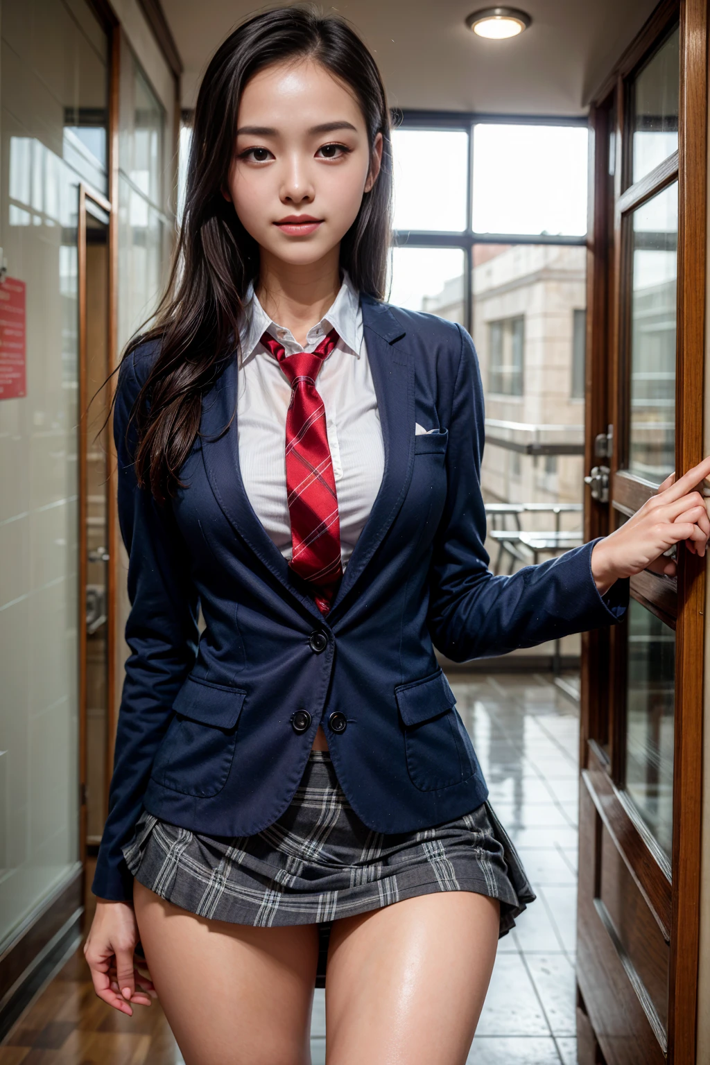 ((masterpiece)),(((best quality))),thin thighs,long legs,girl standing in school,red tie uniform,dark blue blazer,blue plaid skirt,18 years old,forehead,small smile,random pause，Pretty Woman，slim girl，