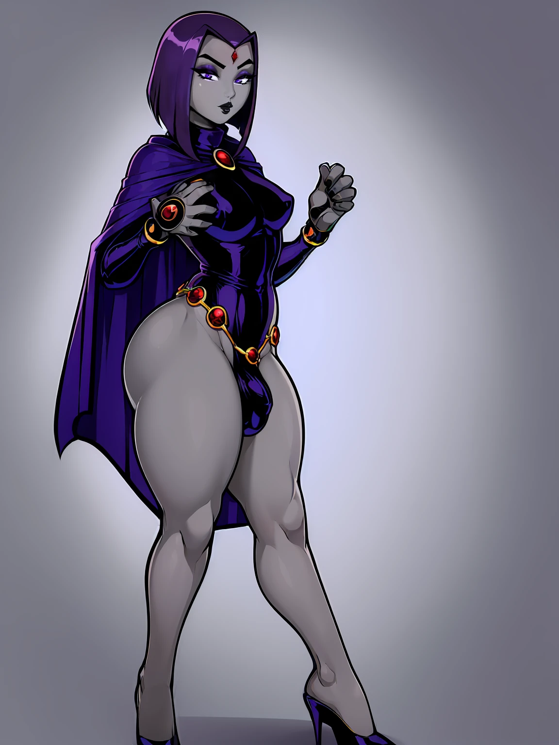 (solo:1.1),(masterpiece), (best quality:1.3), ultra detailed, intricate, (nice hands:1.6), professional art, digital art, absurdres, shadraven, (Full body view:1.1), 1girl, solo, (grey skin:1.4), dark purple hair, bob hair, purple eyes, hips wider than shoulders, pear shaped body, jewellery, detailed thighs, thick thighs, red jewel in forehead, jewels, (long sleeved turtleneck leotard:1.3), cuffs, small breasts, (shadraven cloak), (Shadraven broach:1.2), Shadraven jewel belt, Shadraven wearing a long sleeved leotard, long legs, ( long crotch bulge:1.4), large penis, large testicles, side view, looking at viewer, bubble butt , gluteal crease, universal lighting,,