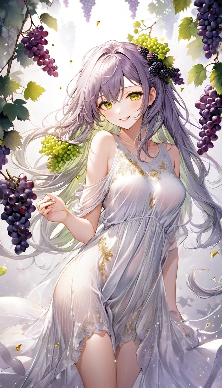 beautiful woman, silver two side up messy wavy fluffy long hair, gold eyes, make-up, wearing loose white dress made of thin knit fabric, seductive smile, amorous and lewd expression, great Proportions, glitter effects, foggy filter effects, 2.5D, delicate and dynamic, BREAK background black, fresh bunches of purple grapes, fresh bunches of green grapes