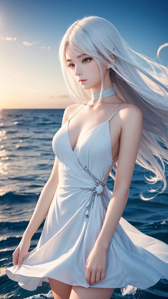 "最high quality, Like a photograph,high quality, 8k resolution",Beautiful 19 year old girl,Very elegant and futuristic fashion,The girl sways beautifully in the sea breeze、Should have elegant white hair,Sad look,Ocean view,evening