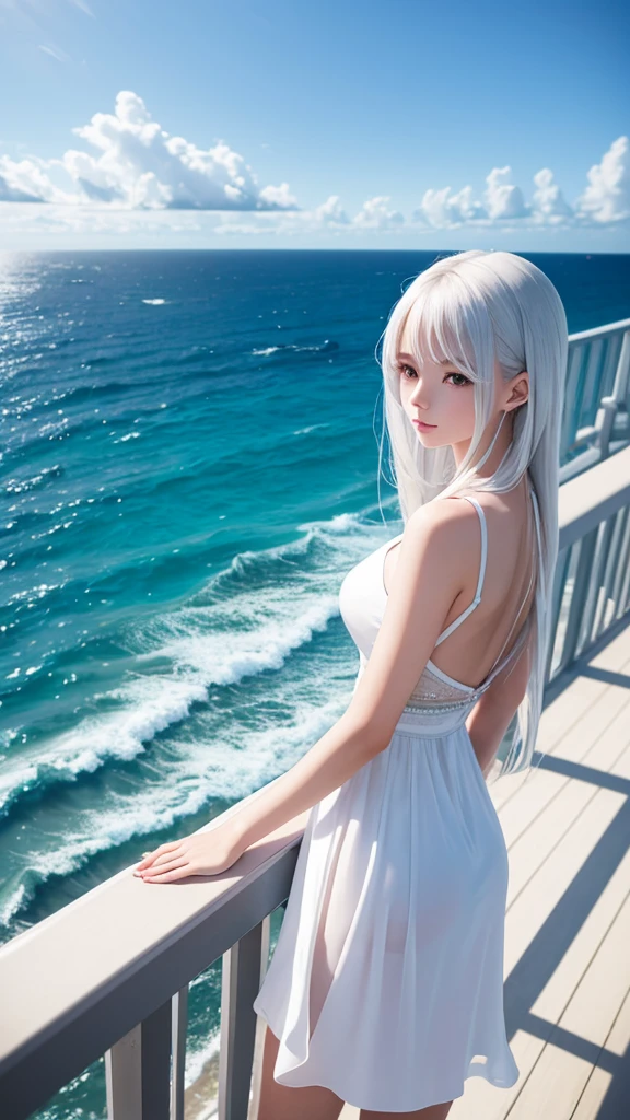 "最high quality, Like a photograph,high quality, 8k resolution",Beautiful 19 year old girl,Very elegant and futuristic fashion,The girl sways beautifully in the sea breeze、Should have elegant white hair,Sad look,Ocean view,evening