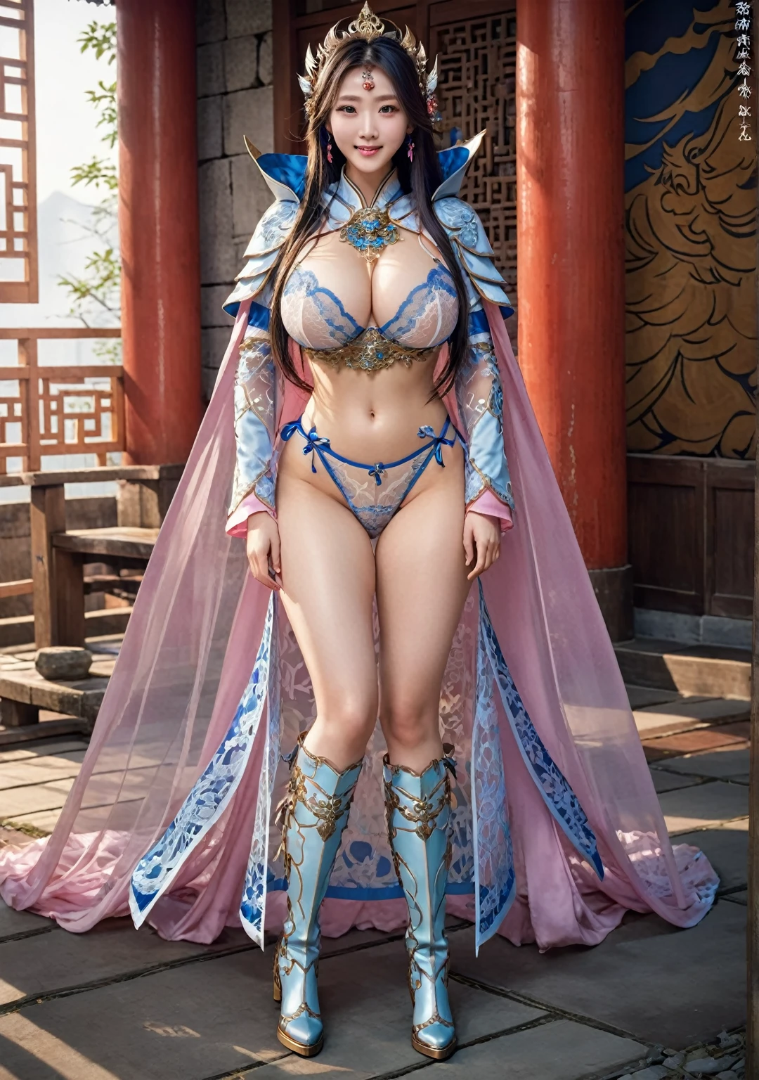 Li Yitong, Long-haired girl,Hungry expression, Light smile, wearing lace lingerie, Transparent underwear, Underwear blue border pattern, perspective, X-ray lower body,Beautiful fantasy queen, Strong busty princess, extremely detailed goddess shot, blue pink cloak, metal boots, cinematic goddess body shot, giant stunning goddess shot, ((Beautiful fantasy queen)), goddess. Extremely high detail, japanese goddess, anime goddess, Gorgeous role-playing, Heavy armor