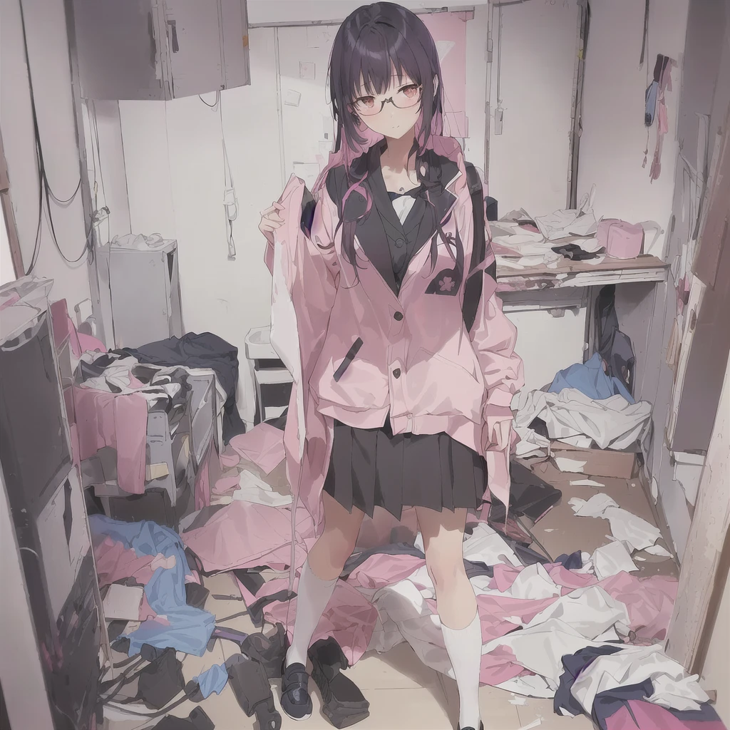 anime girl in a Messy room with a pink jacket and black skirt, Anime Moe Art Style, Cute girl anime visuals, Messy room, Dirty clothes, Anime Style 4k, Best anime 4k konachan wallpaper, Half Yamada, Yandere, destroyed clothes, Torn clothes, Burning, Anime Art Wallpapers 8K, Anime background key visual she is a japanese woman she is 17 years old. she is very skinny. Her shoulders are very narrow. she is naked. her breasts are small. She is 170 cm tall. She weighs 35kg. She has a transparent pink cunt exposed. She draws the female genitalia clearly.Her outline is thin and she doesn't use black, A sweet look in love. Her cheeks are dyed red. Japanese painting. pale watercolor. Do not draw outlines.The uterus and vagina are visible through the skin. The skin is transparent and the organs are visible.Very thin, small breasts, thin legs Pink straight hair, brown eyes, A short skirt with a checkered pattern, a tie of the same color as the skirt, and a navy blue blazer.Female genitalia exposed. with an anarchic color scheme.A Japanese high school girl is coming home from school and changing her clothes, exposing her skin.She is wearing a navy blazer, a plaid/checkered skirt, black knee-high socks, and has long pink hair, wearing glasses.The genitals are exposed and conspicuous.I'm changing clothes in my room and I'm naked. She doesn't even wear underwear.Do not draw outlines. A pale watercolor painting. Color saturation is low.