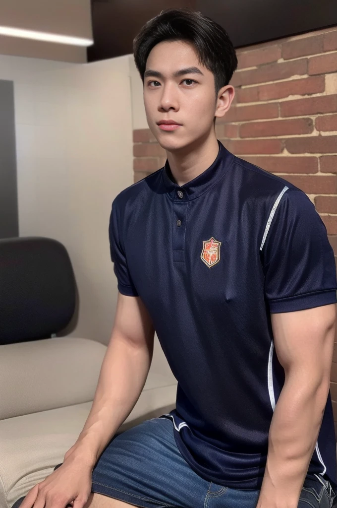 NSFW : 独奏: 1.5, (As a matter of fact, Masterpiece, 8k HD, good light quality, sportswear, fit the face, complicated details), A handsome, muscular young Korean man sits at a table, with muscular arms. , 20 years old, be happy, detailed face, delicate eyes, look at the sky, Wear a tight blue t-shirt.:1.6 , jeans period, black eyes, Black hair color, ผมsmooth, smooth，Surreal，Superb details，Highest quality，real，Open your mouth to talk. , Close your eyes., (standing in the football field:1.1)