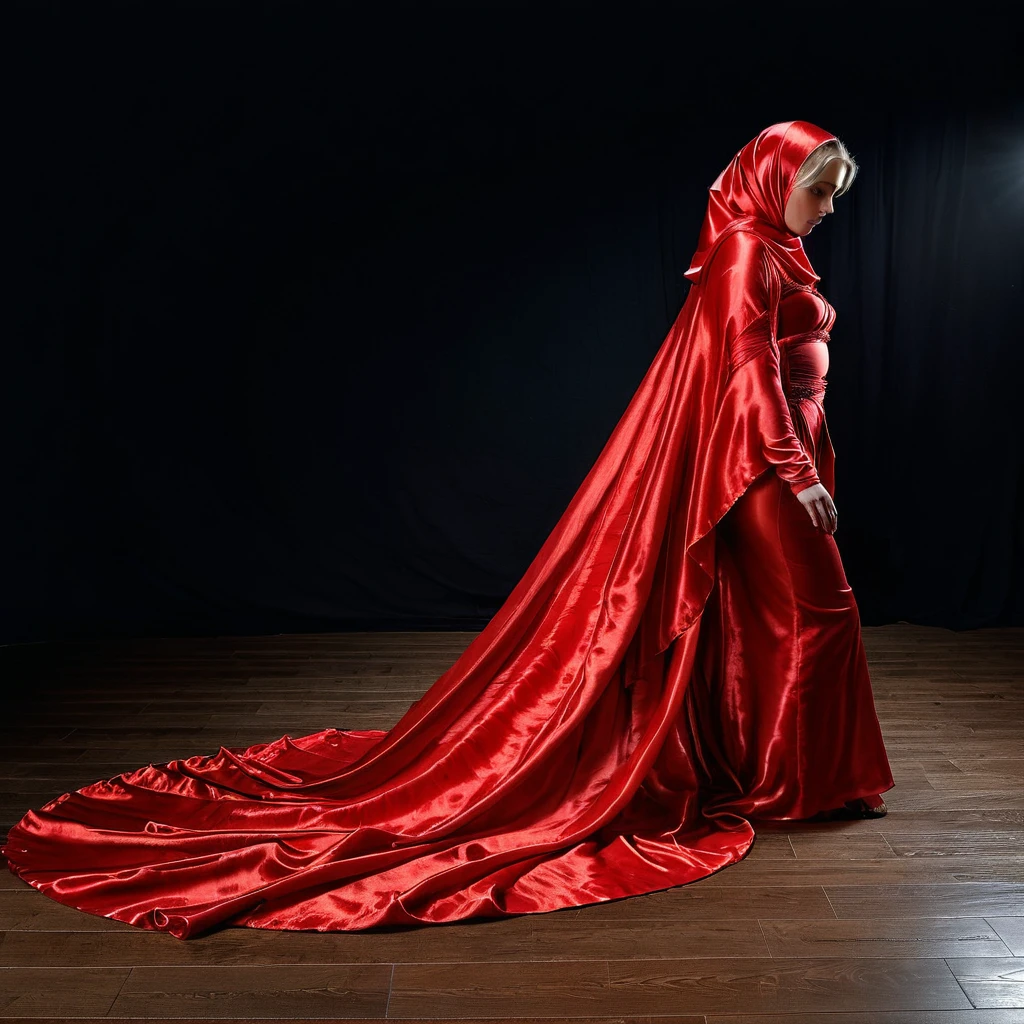 a sexy a woman covered in red satin cloth, mummified in satin, ghost sheet,tied tight in satin, shape like mermaid, tight in leg, wearing a satin hijab, the satin is very long, forming the curve of the body,dramatic flowy satin,strugle to move,full body, masterpice, flowy satin blow by wind,4k resolution, ultra-realistic, highly detail, great lightning.