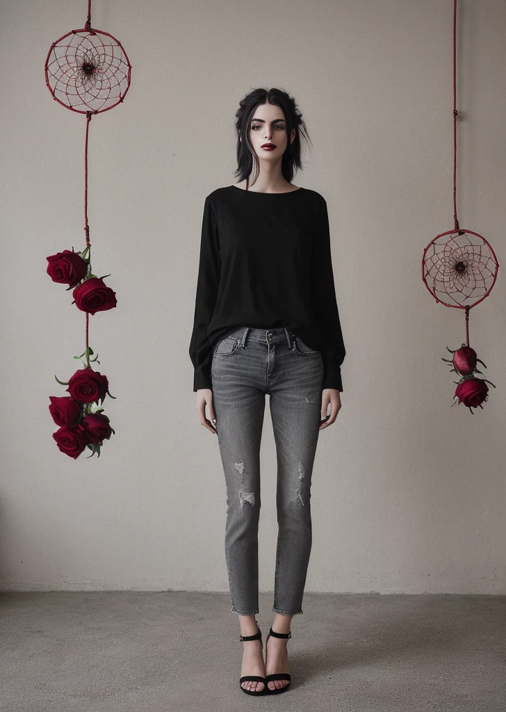 (best qualityer, work of art), (1 girl,black sandals in les. standing alone, black shirt, standing , calca jeans. Looking at the viewer, White hair, , holding rose, cloused mouth, trunk), (red dream catcher behind, FLOWER RED, )