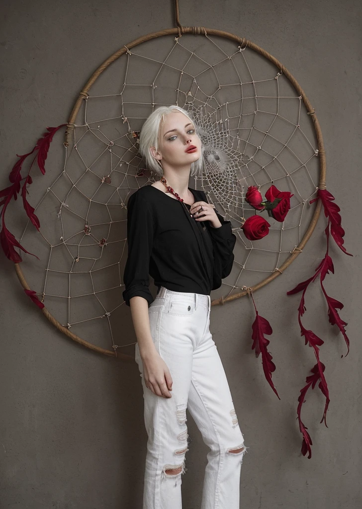 (best qualityer, work of art), (1 girl,black sandals in les. standing alone, black shirt, standing , calca jeans. Looking at the viewer, White hair, , holding rose, cloused mouth, trunk), (red dream catcher behind, FLOWER RED, )