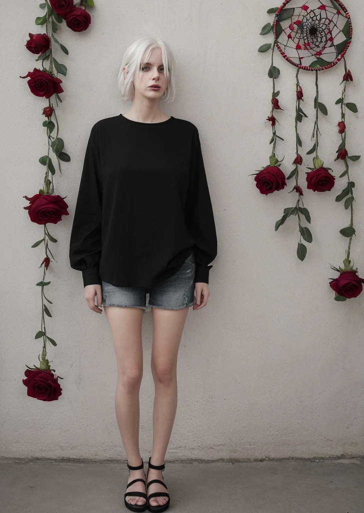 (best qualityer, work of art), (1 girl,black sandals in les. standing alone, black shirt, standing , calca jeans. Looking at the viewer, White hair, , holding rose, cloused mouth, trunk), (red dream catcher behind, FLOWER RED, )