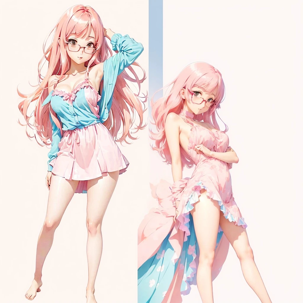Anime girl posing naked with glasses and a pink dress, Colored line art, Bright colors.digital 2d, 2D Animation style, By Kentaro Miura, Soft anime illustration, 2D Animation, Digital anime illustration, digital 2d drawing, Digital Manga Art, 2D Digital, Color sketch anime manga panel, 2D Art Cover, Digital Advanced Anime Art