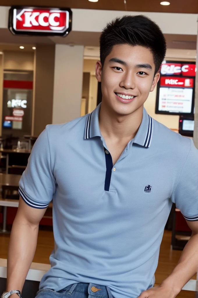 ((realistic daylight)) , Young Korean man in only a polo shirt, no stripes, and jeans., A handsome, muscular young Asian man looks at the camera.  , In the KFC store ,turn sideways, smile