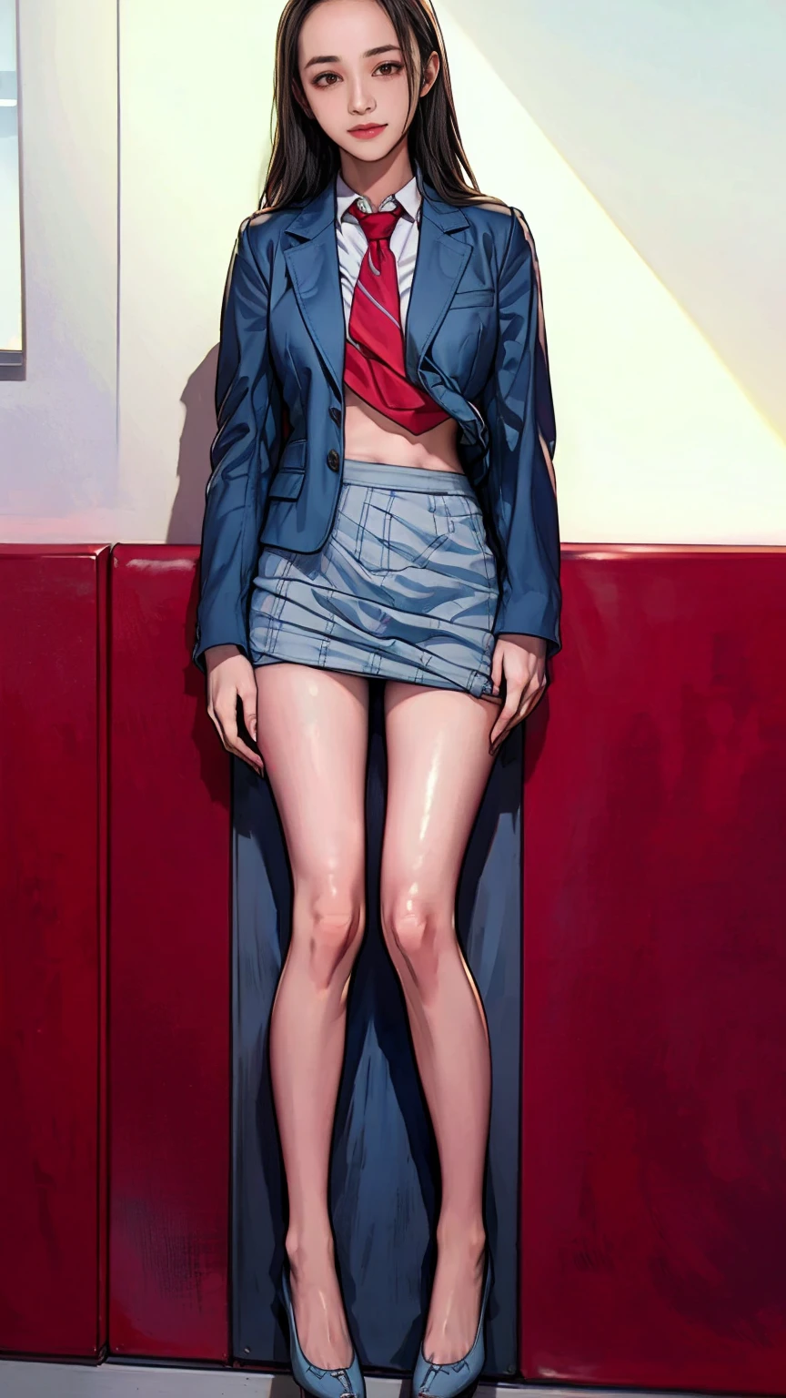 ((masterpiece)),(((best quality))),thin thighs,long legs,girl standing in school,red tie uniform,dark blue blazer,blue plaid skirt,18 years old,forehead,small smile,random pause,Pretty Woman,slim girl,
