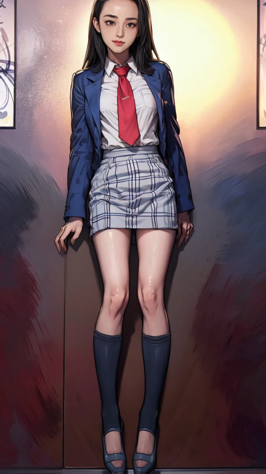 ((masterpiece)),(((best quality))),thin thighs,long legs,girl standing in school,red tie uniform,dark blue blazer,blue plaid skirt,18 years old,forehead,small smile,random pause，Pretty Woman，slim girl，