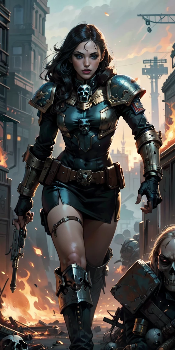 (masterpiece:1.2), (Best Quality:1.2), Perfect eyes, perfect face, perfect lighting, 1 girl, Sororitas mature whore with bolt pistol in hands, scar over one eye, eye patch, by white, skulls on the ground, Warhammer 40K, chaos, fire, Science fiction, Detailed battlefield background