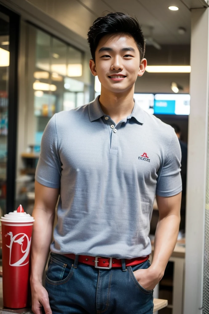 ((realistic daylight)) , Young Korean man in only a polo shirt, no stripes, and jeans., A handsome, muscular young Asian man looks at the camera.  , In the KFC store ,turn sideways, smile