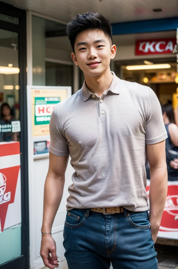 ((realistic daylight)) , Young Korean man in only a polo shirt, no stripes, and jeans., A handsome, muscular young Asian man looks at the camera. , In the KFC store ,turn sideways, smile