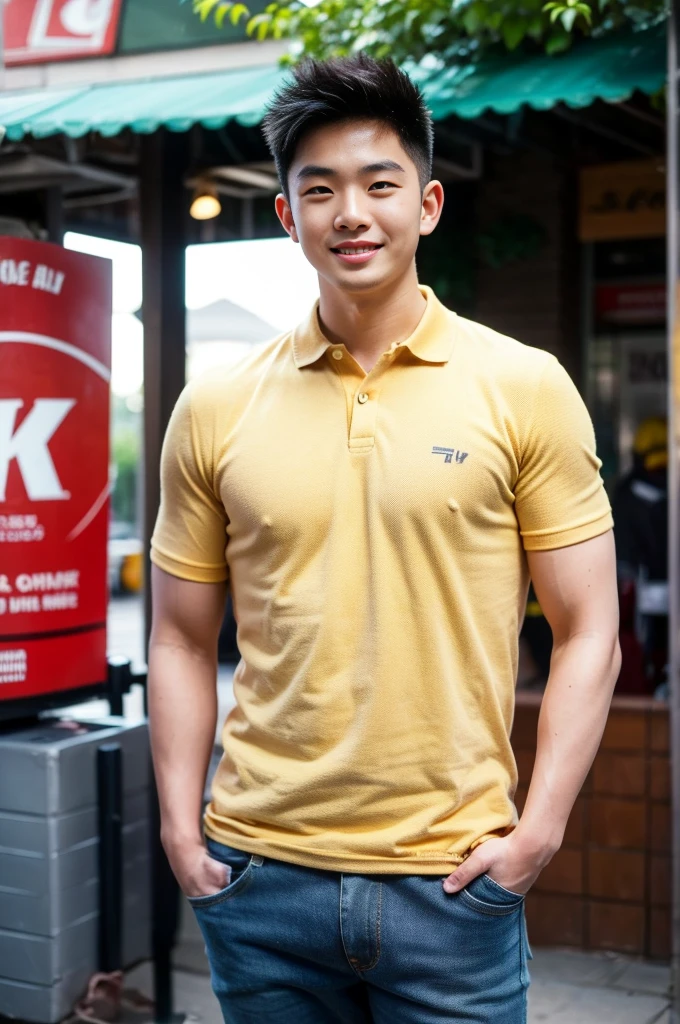 ((realistic daylight)) , Young Korean man in only a polo shirt, no stripes, and jeans., A handsome, muscular young Asian man looks at the camera.  , In the KFC store ,turn sideways, smile