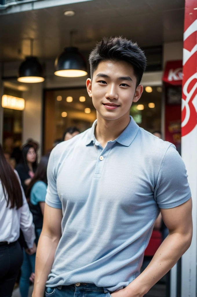 A young Asian man with large muscles looks at the camera. In a dark yellow button-up shirt. , Shopping mall, normal lighting, side