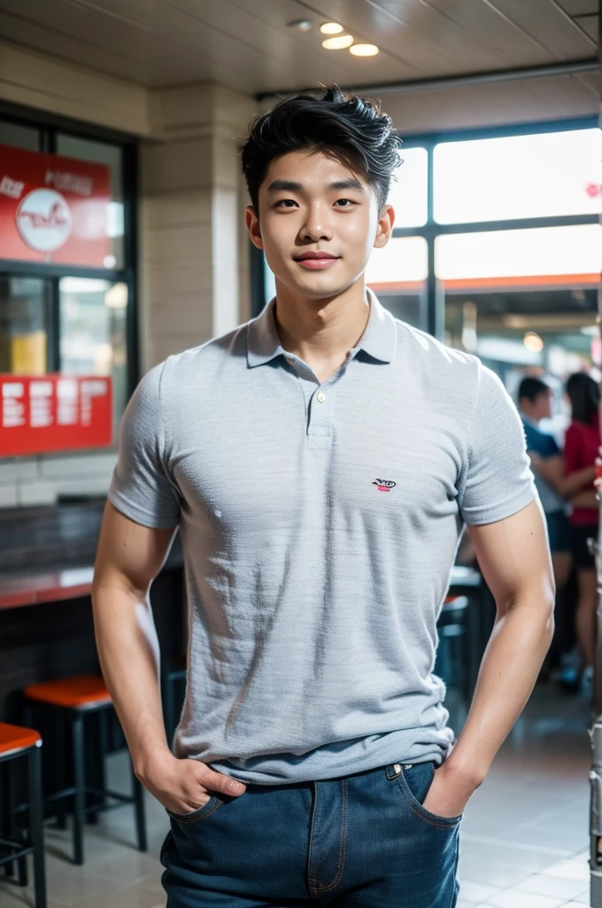 ((realistic daylight)) , Young Korean man in only a polo shirt, no stripes, and jeans., A handsome, muscular young Asian man looks at the camera. , In the KFC store ,turn sideways, smile