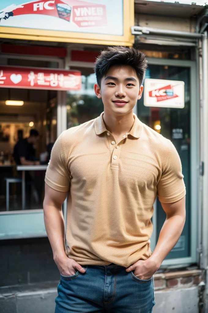((realistic daylight)) , Young Korean man in only a polo shirt, no stripes, and jeans., A handsome, muscular young Asian man looks at the camera. , In the KFC store ,turn sideways, smile