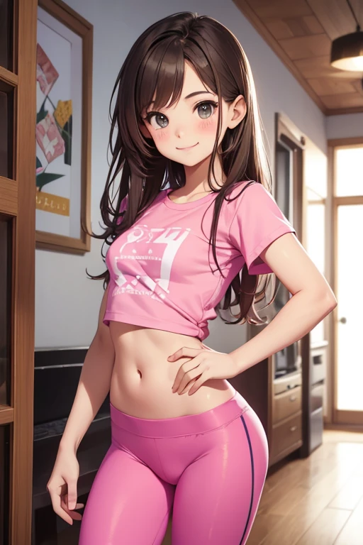 Cute 14 year old girl, small breasts, wearing pink leggings and t shirt, smiling innocently
